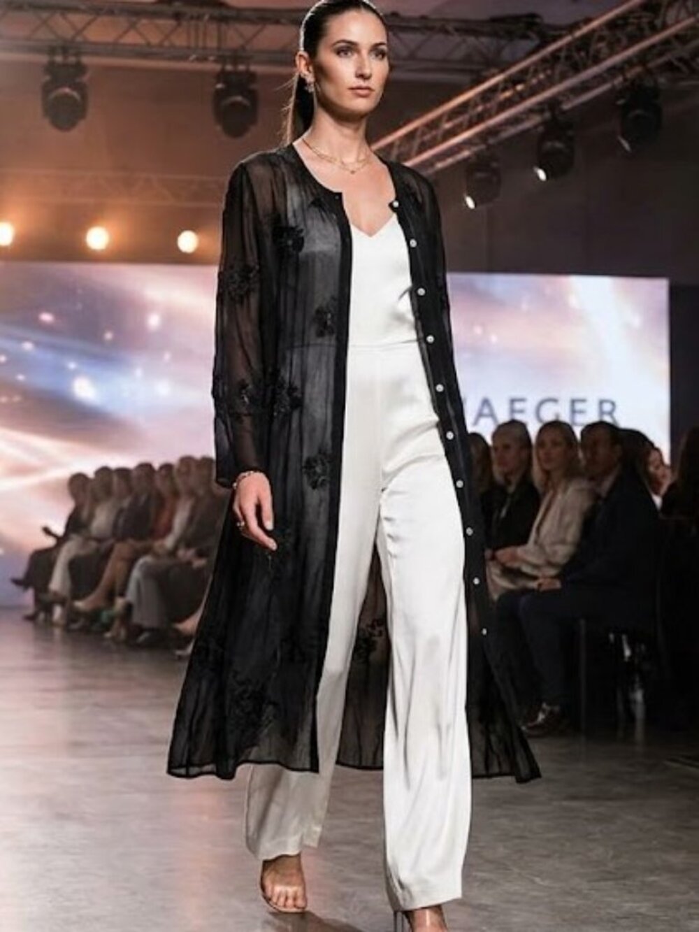 Jaeger Sheer Black Button-Front Cardigan with Black Embroidery Vtg